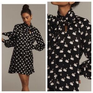 NWT Anthropologie Maeve The Caroline Tie-Neck Swan print Mini Dress XXS